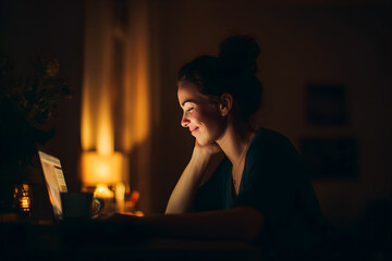 Cozy Late Night Remote Work. Smiling Woman Using Laptop in Warm Home Office Lighting