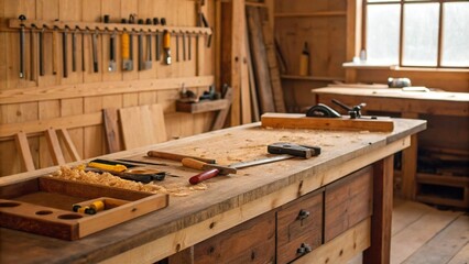 A classic, sturdy wooden workbench in a traditional carpentry shop, adorned with various hand tools, wood shavings, and unfinished wood pieces. This image evokes a sense of craftsmanship