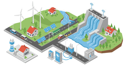Renewable energy landscape with wind, solar, and hydroelectric power sources