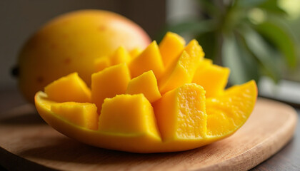 A close-up view of diced mango pieces arranged in a visually appealing way on a wooden cutting board.