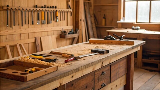 A classic, sturdy wooden workbench in a traditional carpentry shop, adorned with various hand tools, wood shavings, and unfinished wood pieces. This image evokes a sense of craftsmanship