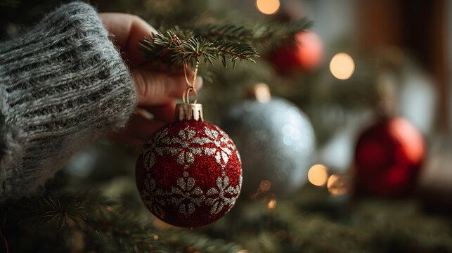 Hand in gray sweater decorating christmas tree with red and silver ornaments in soft focus setting