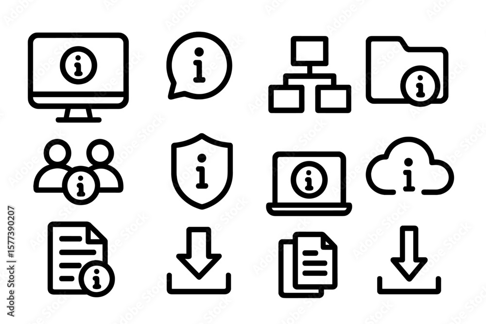 Poster information icons set with security, cloud, and network elements in linear design