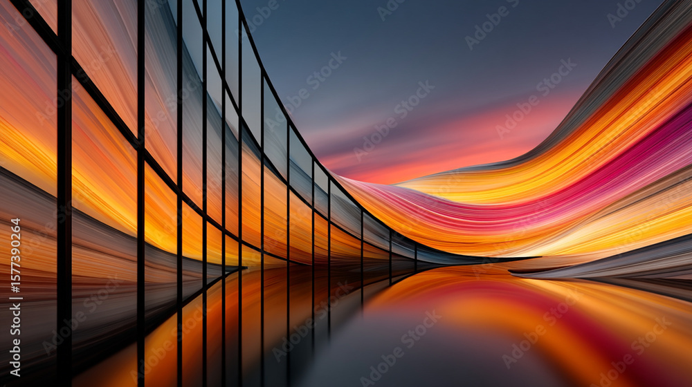 Poster vibrant abstract waves of color reflect dynamically on a sleek modern architectural surface.