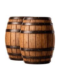 Obraz premium Isolated transparent png A pair of wooden barrels Two wooden barrels with metal bands, showcasing a rustic and vintage appearance.