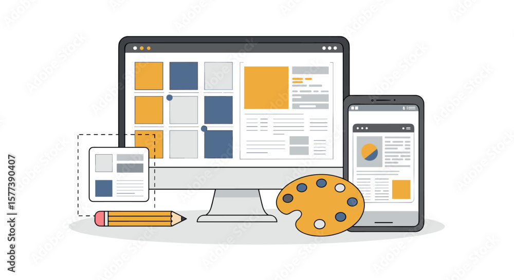 Aufkleber responsive design concept with flat style devices and creative workspace