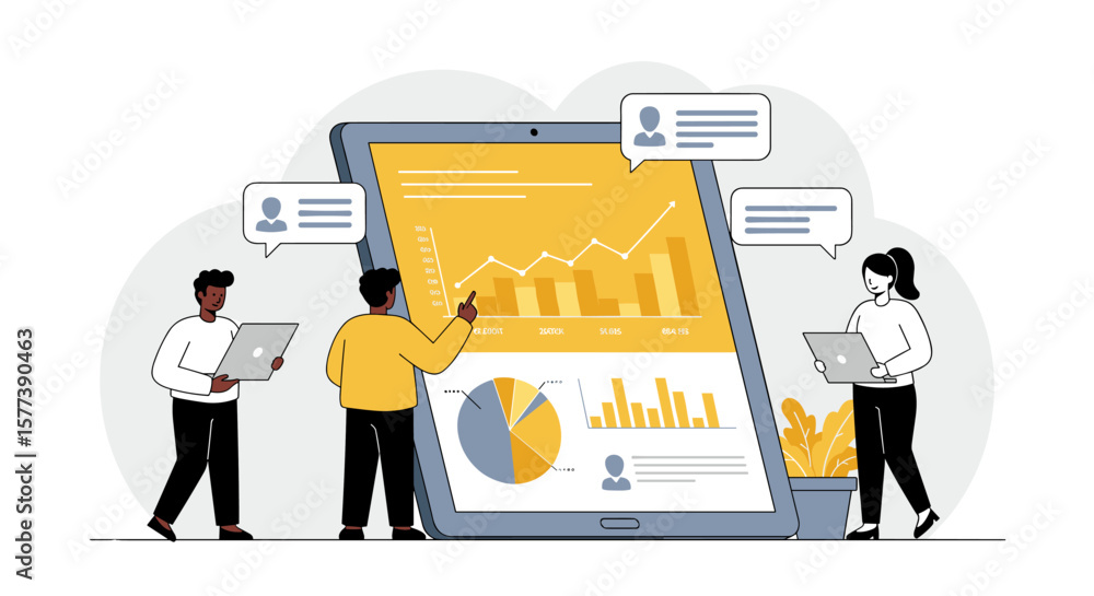 Poster digital teamwork and data analysis using technology for business growth