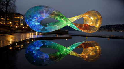 A stunning illuminated Mobius strip art installation casts colorful reflections on the tranquil water at night.