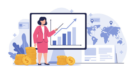 Businesswoman analyzing financial growth with bar graphs and world map background