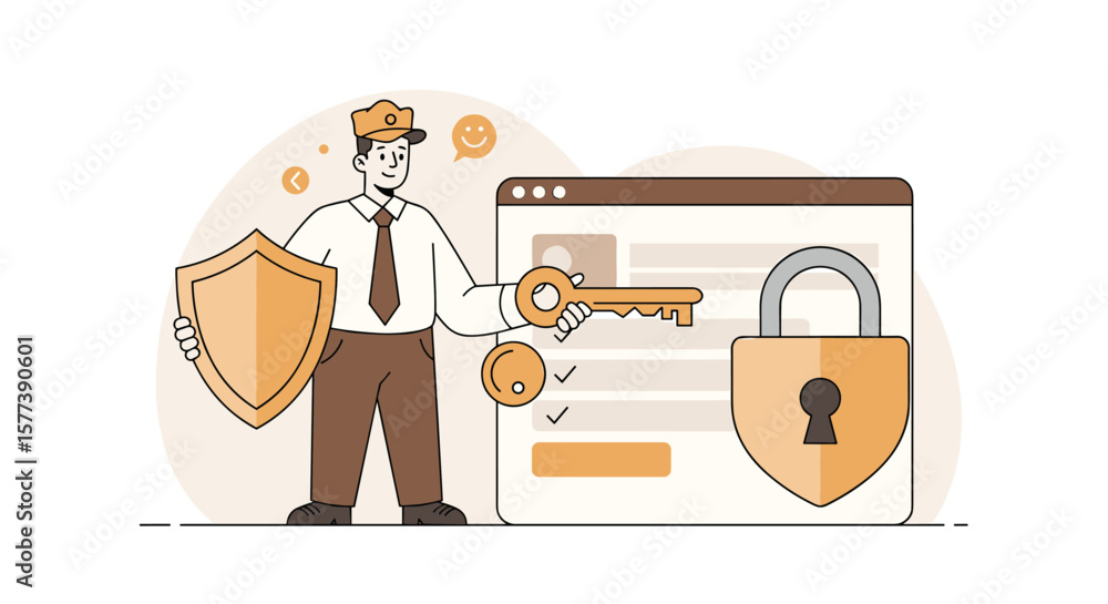 Poster online security concept with guard holding key and shield near password protected browser