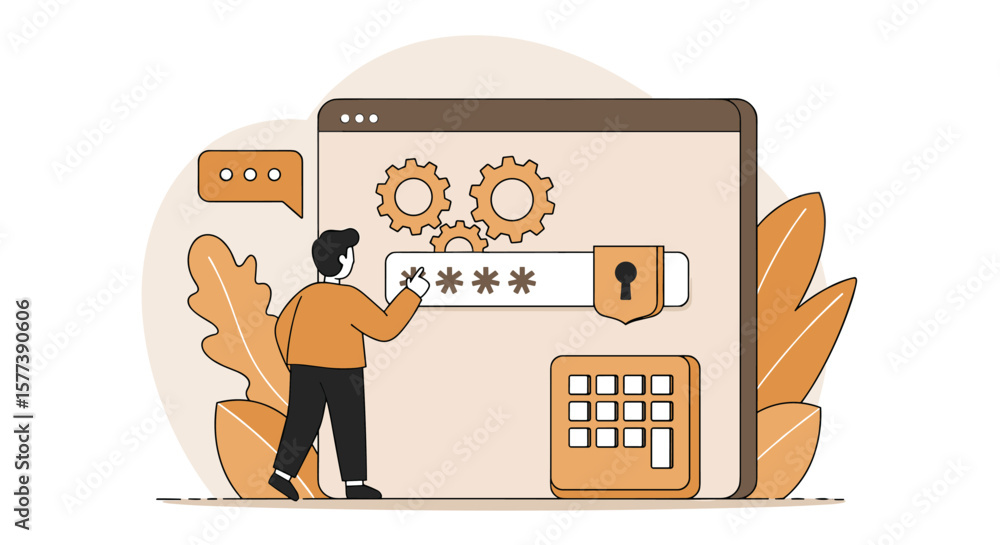 Poster secure password protection concept with user entering credentials in flat design