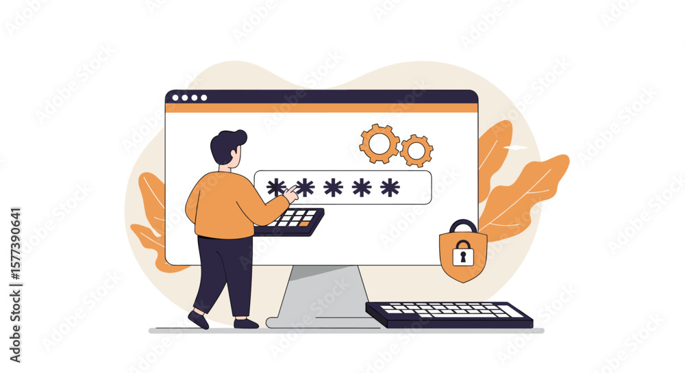 Aufkleber password entry concept with secure technology elements in modern flat design