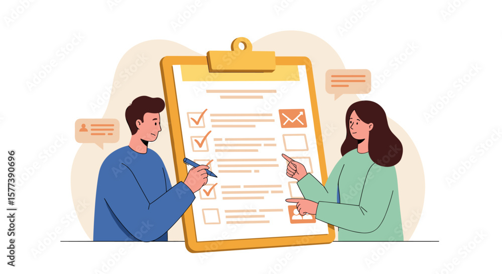 Poster collaborative teamwork checklist with diverse perspectives in flat design
