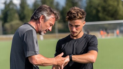 Coach examining athlete's smart watch on a sunny day at outdoor training field with green grass