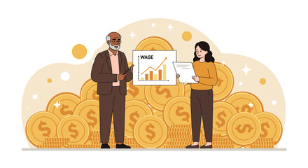 Diverse business team discussing wage growth and financial success