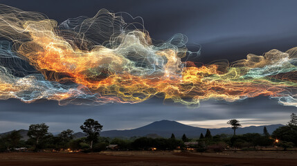 Dynamic light trails paint the twilight sky with electric colors, hovering over a peaceful mountain village.