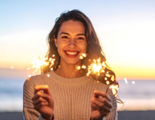Happy woman with sparklers at sunset