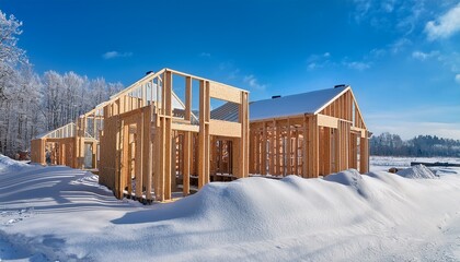 Naklejka premium wooden framework of new homes under construction snowy landscape