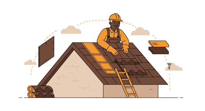 Roofer installing shingles on a residential roof with tools in hand-drawn style