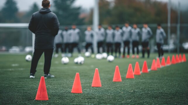 Soccer team practices on a field with cones and a coach overseeing the training session outdoors today - Powered by Adobe