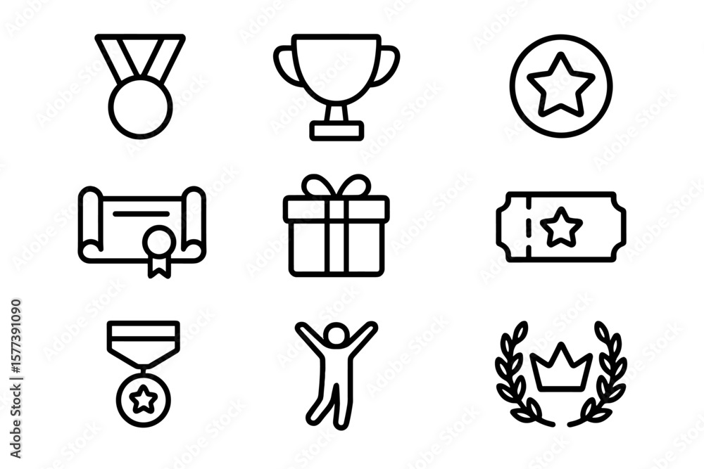 Poster awards and recognition icons set with outline style on dark background