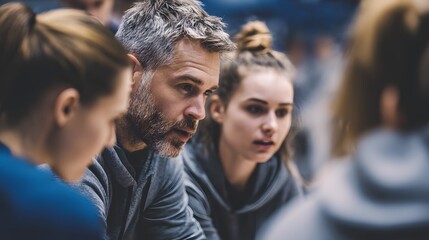 Coach discussing strategy with female basketball team during a game timeout on the court together