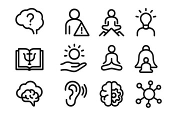 Obraz premium Minimalist dark icons: mindfulness, meditation, and knowledge symbols