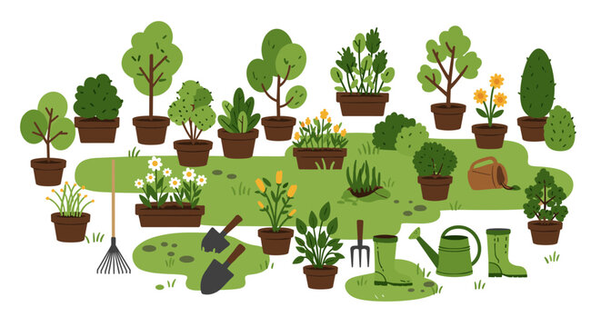 Colorful garden tools and potted plants arrangement on grass background