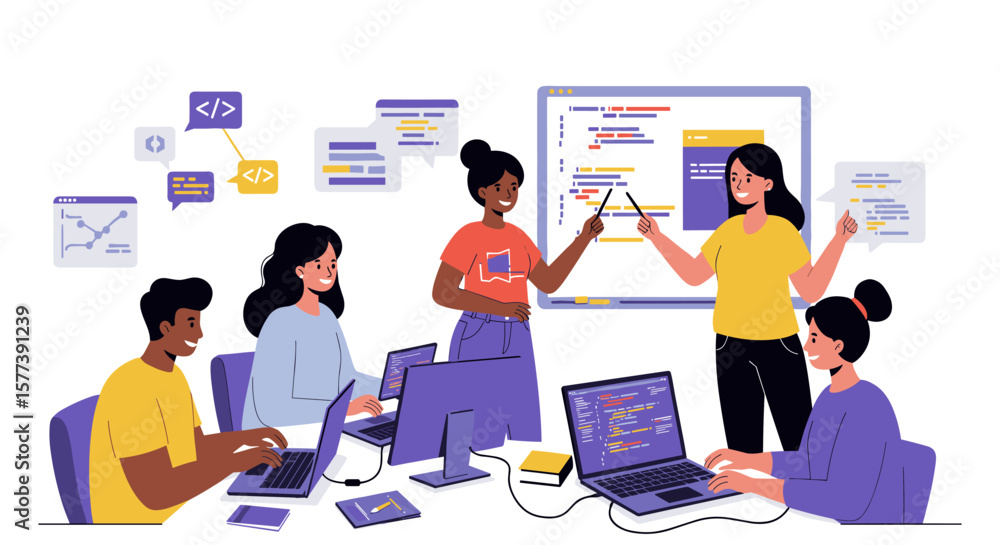 Poster diverse team collaborating on software development projects in office setting