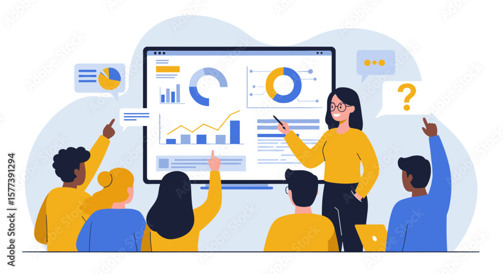 Poster team collaboration and data presentation with interactive charts and graphs