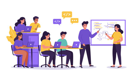 Team collaboration in coding workshop with young professionals and tutors