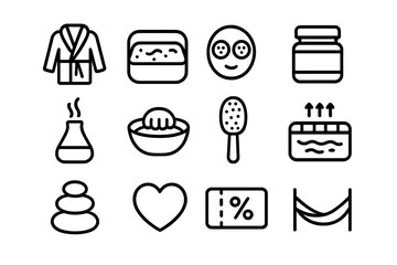 Minimalist spa icons: bathrobe, lotion, face mask, relaxation symbols in monochrome style