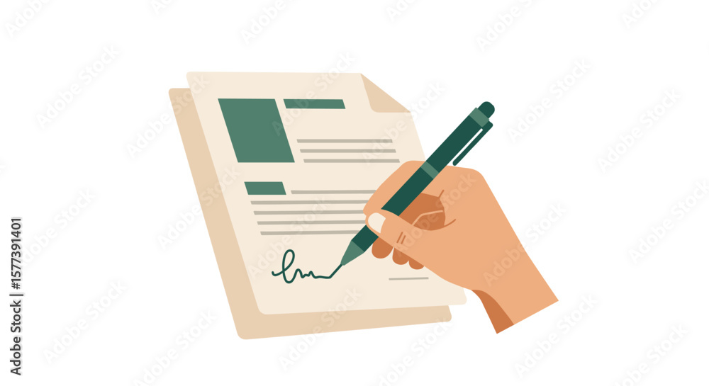 Poster hand signing document with pen in simple flat style