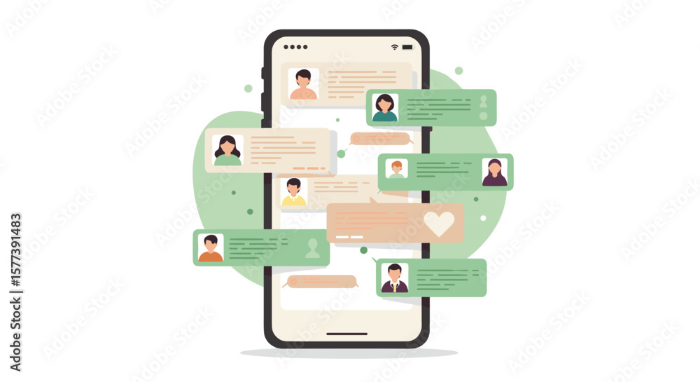 Poster messaging app interface with user avatars and text bubbles in a modern flat design