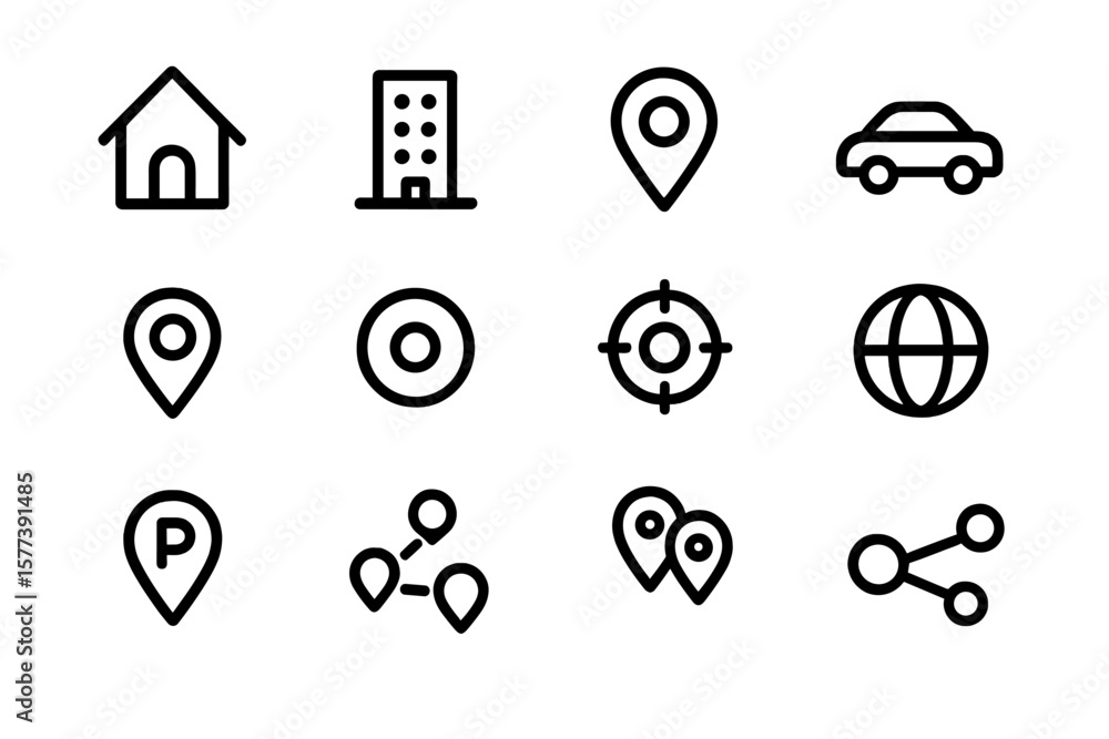 Poster minimalist map and location icons set for digital applications