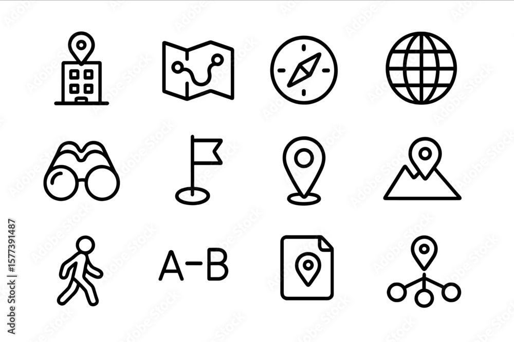 Poster minimalist navigation line icons on gradient background for travel apps