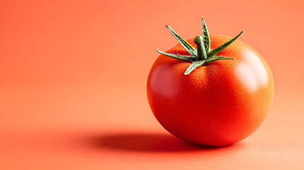 A single freshly picked ripe red tomato standing isolated against a vibrant orange background demonstrating natural light and color