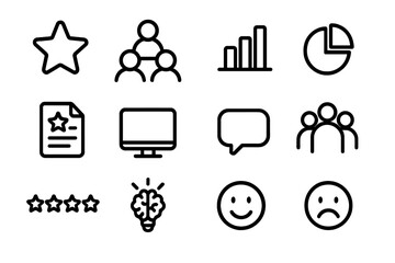 Black outline icons for business analytics and communication design
