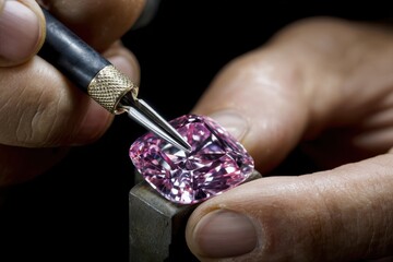 Expert craftsman meticulously cutting a pink gemstone in a jewelry workshop with precision tools