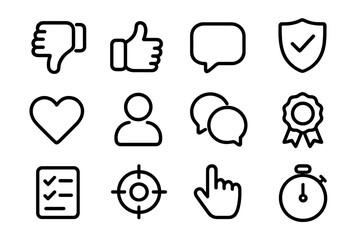 Naklejka na ściany i meble Minimal black icon set: communication, approval, and achievement symbols