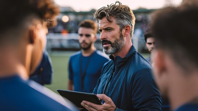 Soccer coach with tablet talking to players during a game on the field with serious expression on face