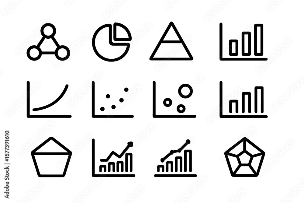 Poster minimalist black linear business icons on dark background for analytics and data