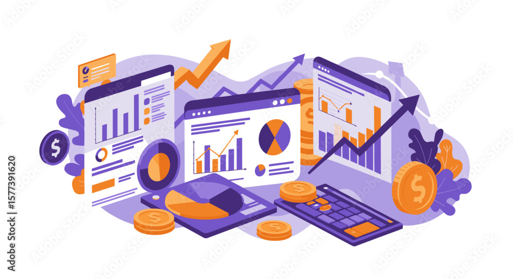 Poster financial growth analysis with flat chart graphics and data reports