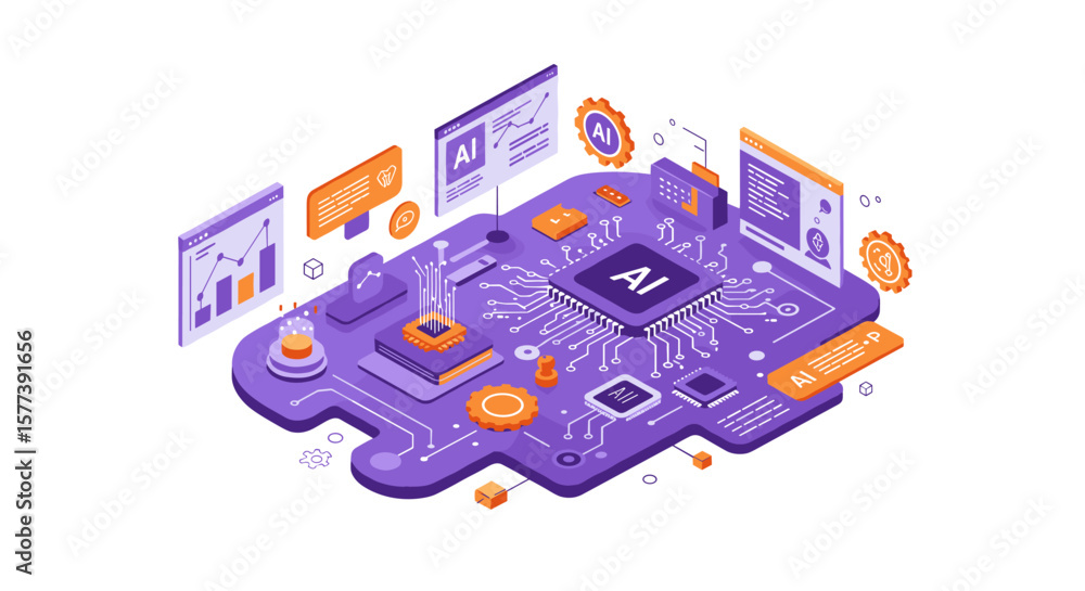 Poster isometric ai technology concept with data and circuit elements in purple tones