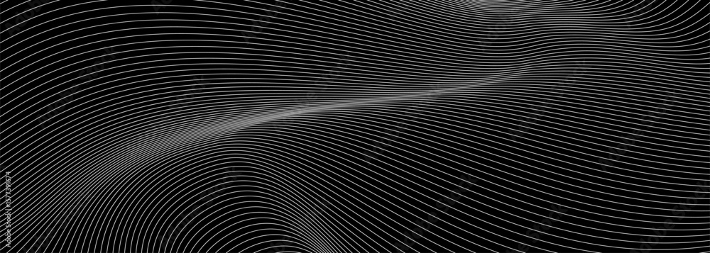 Poster abstract black background with flowing white curved lines creating a wave effect
