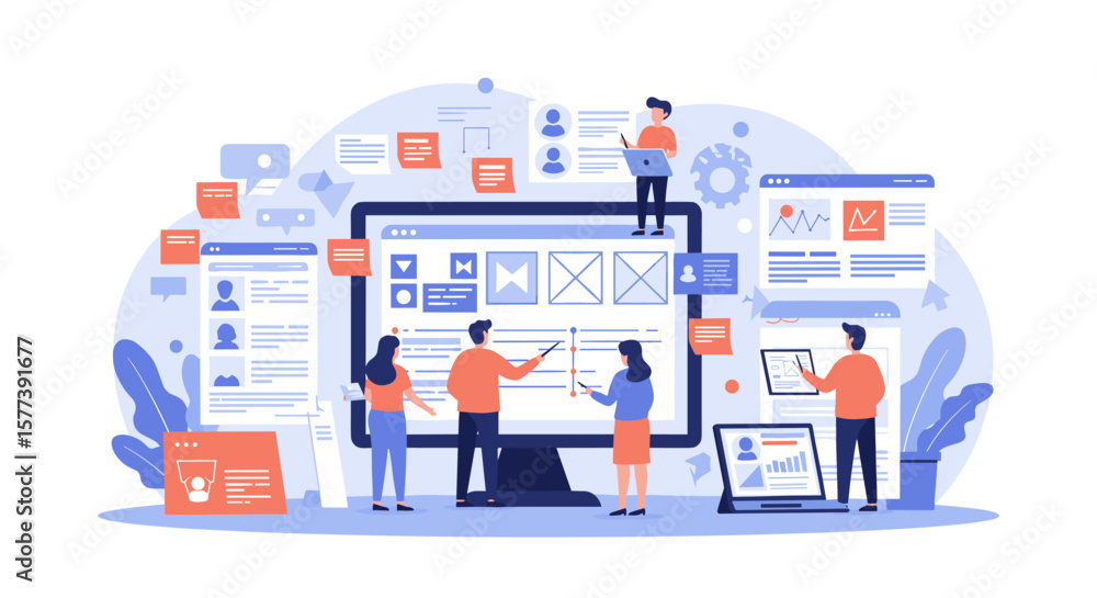 Poster collaborative teamwork in modern digital workspace with flat design