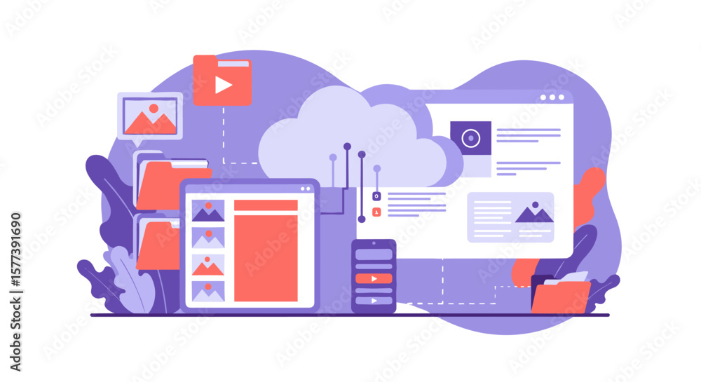Poster cloud technology concept with digital media and file storage in a modern abstract design