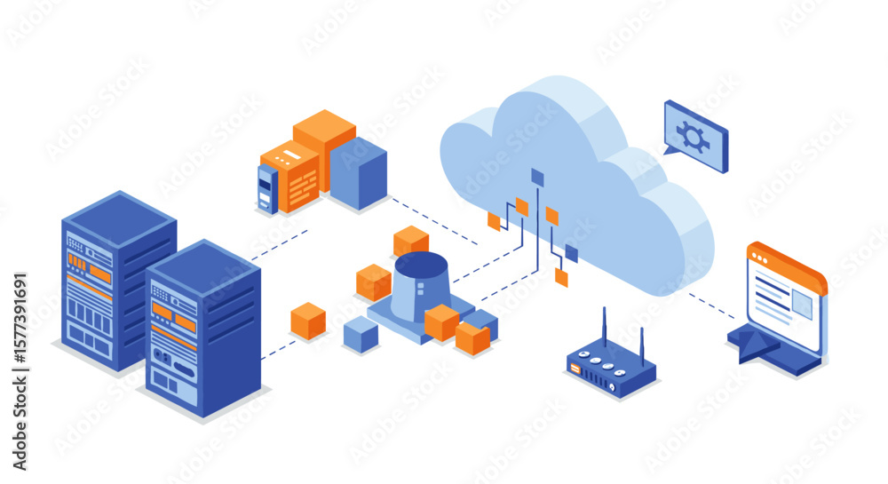 Poster isometric cloud computing network with servers and data storage elements