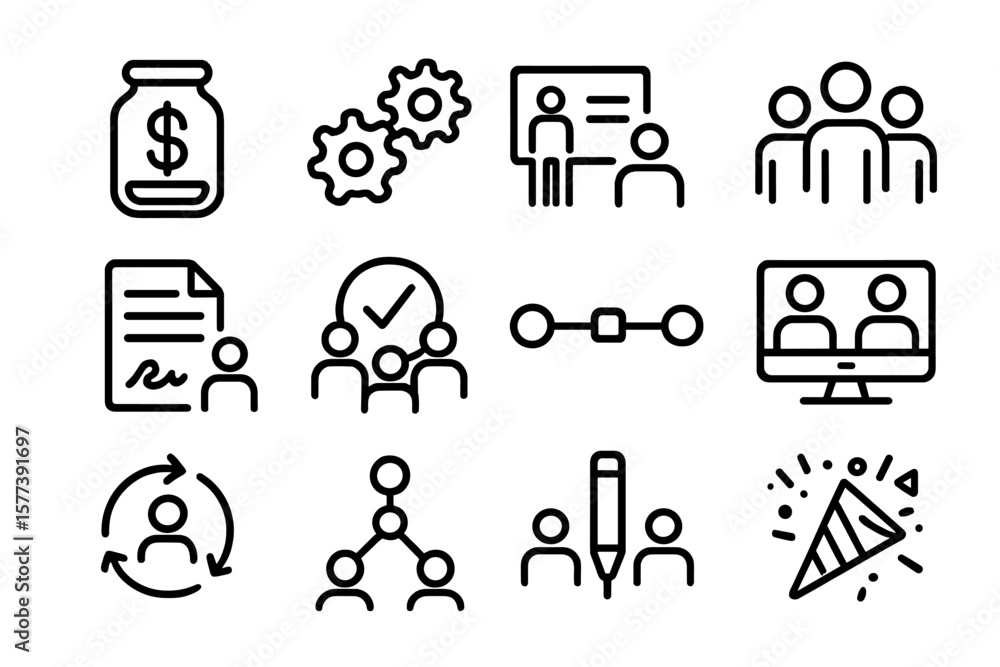 Poster business icon set with flat design elements for teamwork and strategy concepts