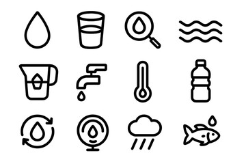 Essential water icon set: minimalistic black outline symbols for hydration and weather